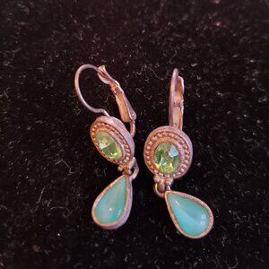 Silver Tone Metal Earrings-Oval Cut Green Crystal & Teardrop Blue Stone-Vintage